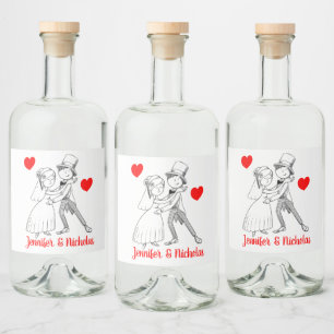 Cartoons Braut Bräutigam Rot Schwarz Hochzeit Fris Alkoholflaschenetikett