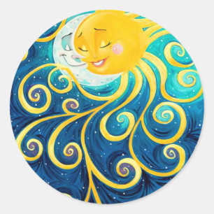 Cartoonsonne- und -mond-Liebefrieden Runder Aufkleber