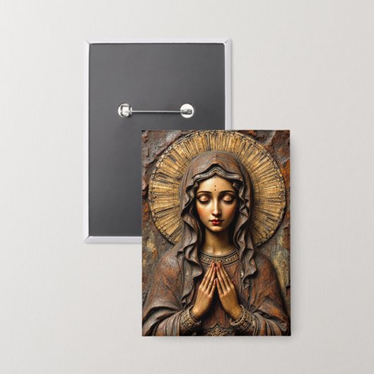 Carved Devotion  Wooden Mary Button (Vorderseite/Rückseite)