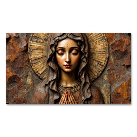Carved Devotion Wooden Mary Magnetische Visitenkarte (Vorderseite)