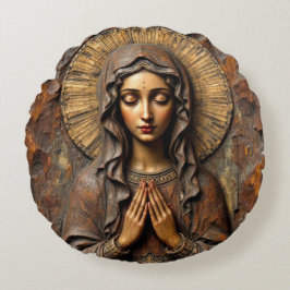 Carved Devotion  Wooden Mary Rundes Kissen