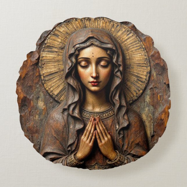 Carved Devotion  Wooden Mary Rundes Kissen (Vorderseite)