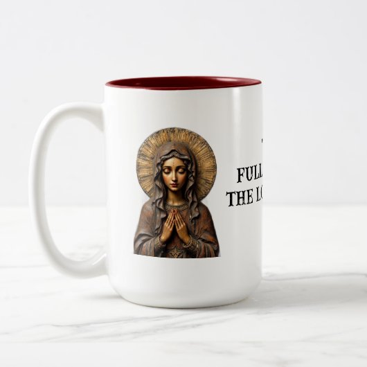 Carved Devotion Wooden Mary Zweifarbige Tasse (Links)