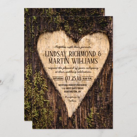 Carved Heart Country Rustic Tree Wedding Einladung (Vorne/Hinten)