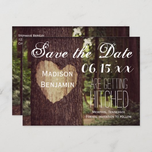 Carved Heart Rustic Tree Save the Date Postkarten (Vorne/Hinten)