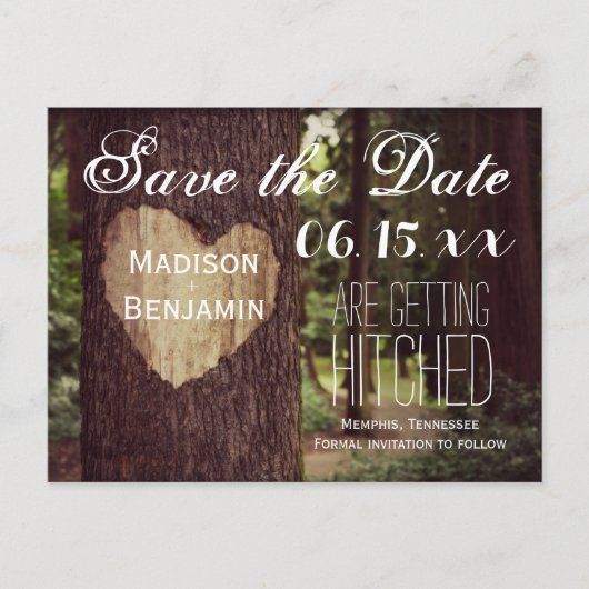 Carved Heart Rustic Tree Save the Date Postkarten (Vorderseite)