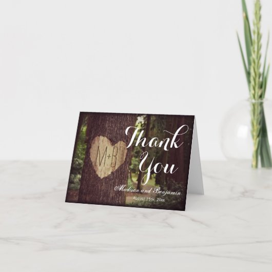 Carved Heart Rustic Tree Wedding Thank You Cards Dankeskarte (Vorderseite)