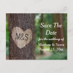 Carved Heart Tree Initials Save the Date Hochzeit Ankündigungspostkarte