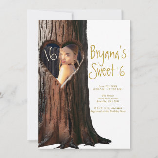 Carved Heart Tree Stump Rustikales Foto Sweet 16 Einladung