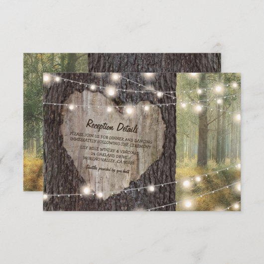 Carved Heart Tree Wedding | Rustikale String Light Begleitkarte (Vorne/Hinten)