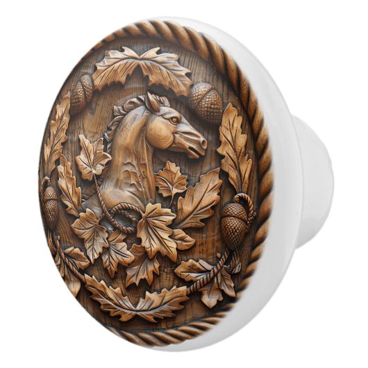 Carved Horse Rope Acorns Oak Blätter Keramikknauf (Rechts)