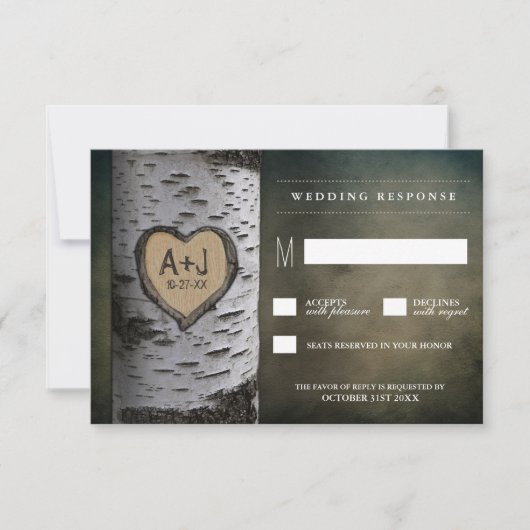 Carved Initial Birch Tree Wedding RSVP Cards Karte (Vorderseite)