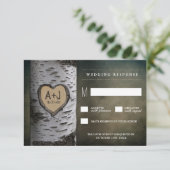Carved Initial Birch Tree Wedding RSVP Cards Karte (Stehend Vorderseite)