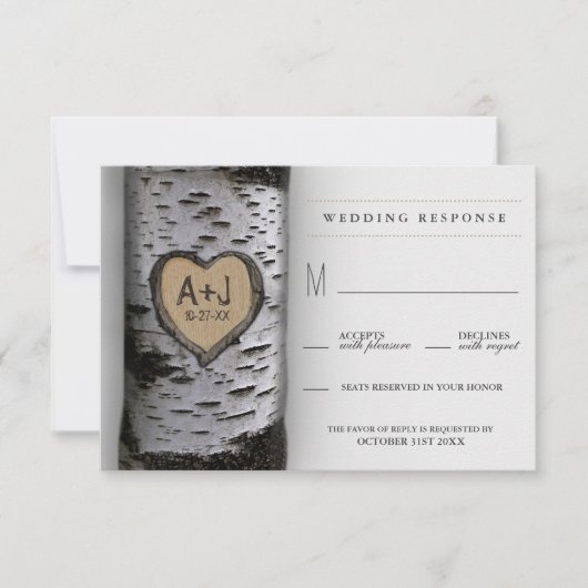 Carved Initials Birch Tree Wedding RSVP Cards (Vorderseite)