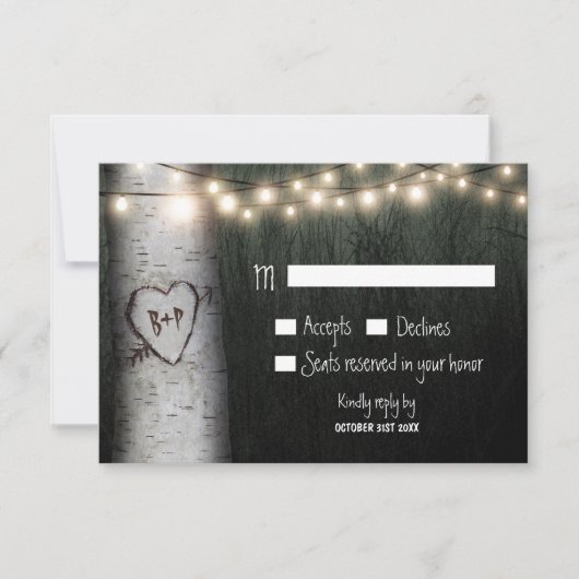 Carved Initials Birch Tree Wedding RSVP Cards Karte (Vorderseite)