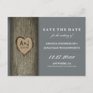 Carved Initials Heart Oak Tree Save the Date Cards Ankündigungspostkarte
