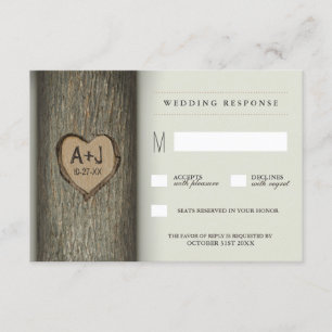 Carved Initials Heart Oak Tree Wedding RSVP Karten