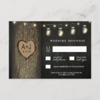 Carved Initials Jars Oak Tree Wedding RSVP Cards