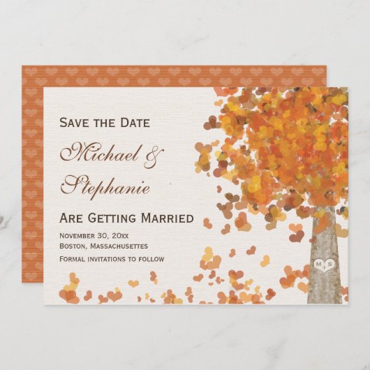 Carved Initials Tree Fall Save the Date Hochzeit (Vorne/Hinten)
