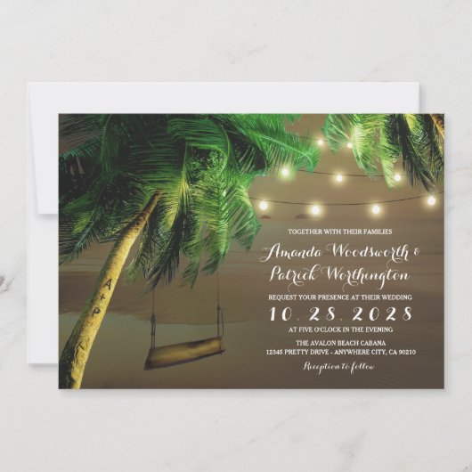 Carved Palm Tree Beach Lights Hochzeitseinladungen Einladung (Vorderseite)
