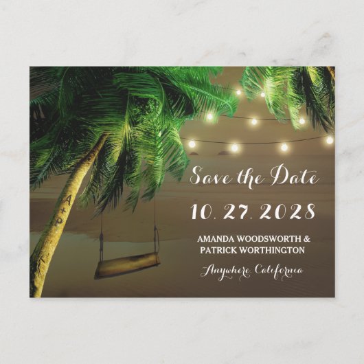 Carved Palm Tree Beach Lights Save the Date Cards Ankündigungspostkarte (Vorderseite)
