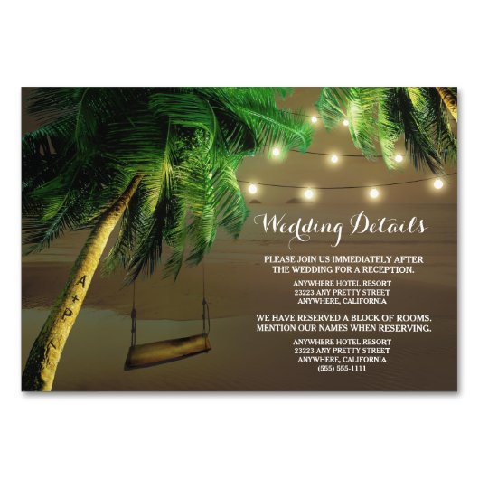 Carved Palm Tree Beach Lights Wedelkarten Tischnummer (Vorderseite)