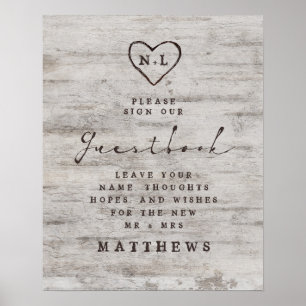 Carved Sweethearts Rustic Birch Guestbook Sign Poster