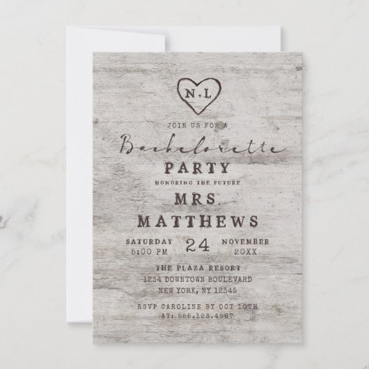 Carved Sweethearts Rustic Birch Junggeselinnen-Abs Einladung (Vorderseite)