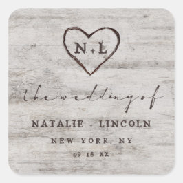 Carved Sweethearts Rustic Birch Monogram Wedding Quadratischer Aufkleber