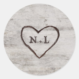 Carved Sweethearts Rustic Birch Monogram Wedding Runder Aufkleber