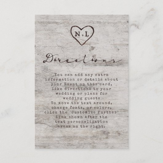 Carved Sweethearts Rustic Birch Wedding Directions Begleitkarte (Vorderseite)