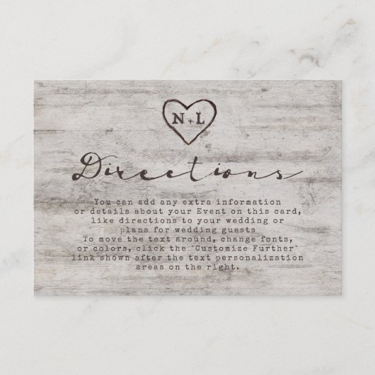 Carved Sweethearts Rustic Birch Wedding Directions Begleitkarte (Vorderseite)
