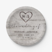 Carved Sweethearts Rustic Birch Wedding Monogram Pappteller (Vorderseite)