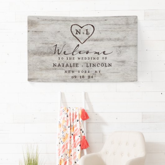 Carved Sweethearts Rustic Birch Wedding Willkommen Banner (Insitu)
