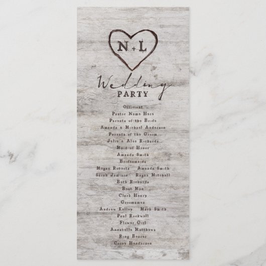 Carved Sweethearts Rustic Birch Wedding Zeremonie Programm (Rückseite)