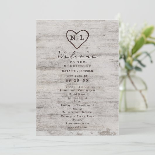 Carved Sweethearts Rustic Birch Wedding Zeremonie Programm (Stehend Vorderseite)