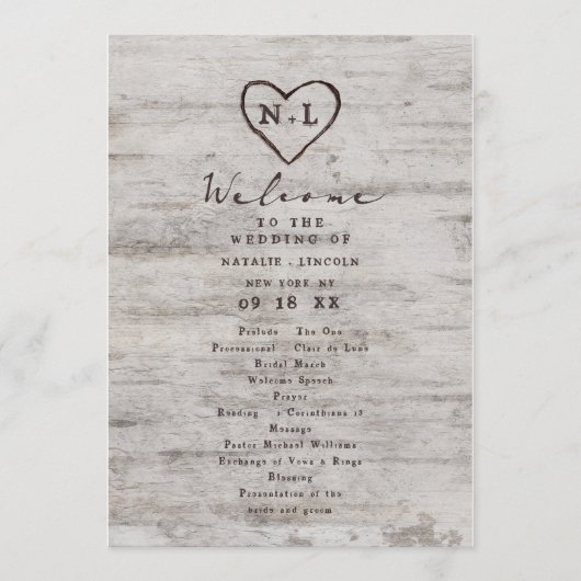 Carved Sweethearts Rustic Birch Wedding Zeremonie Programm (Vorderseite)