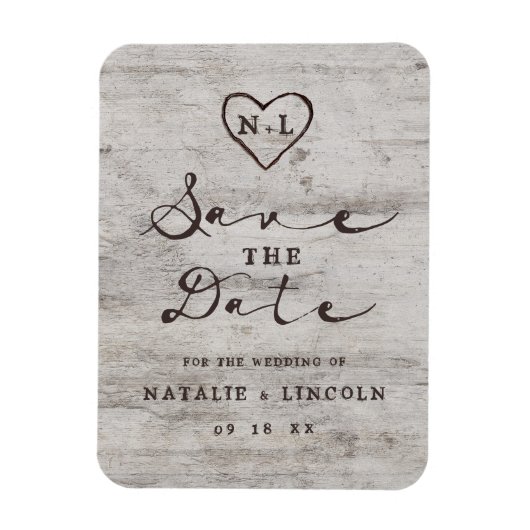 Carved Sweethearts Rustic Birch Wood Save the Date Magnet (Vertikal)