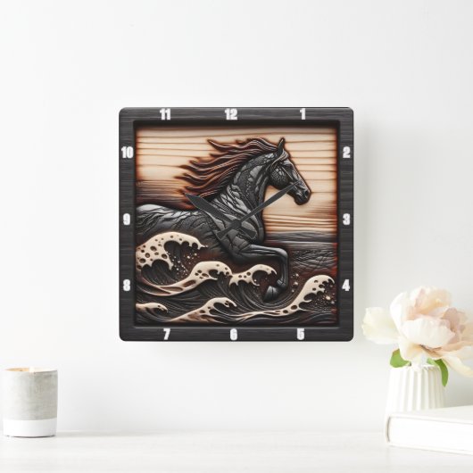 Carved Wave Gallop: Holz aussehendes Pferd Quadratische Wanduhr (Zuhause)