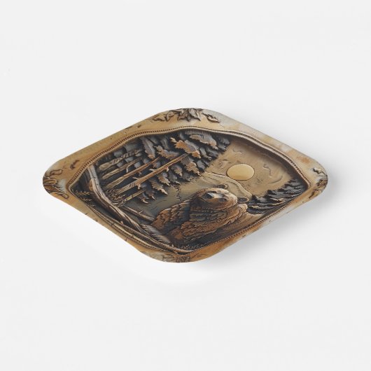 Carved Wood Bear Full Moon Pine Tree Forest Pappteller (Gewinkelt)