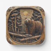 Carved Wood Bear Full Moon Pine Tree Forest Pappteller (Vorderseite)