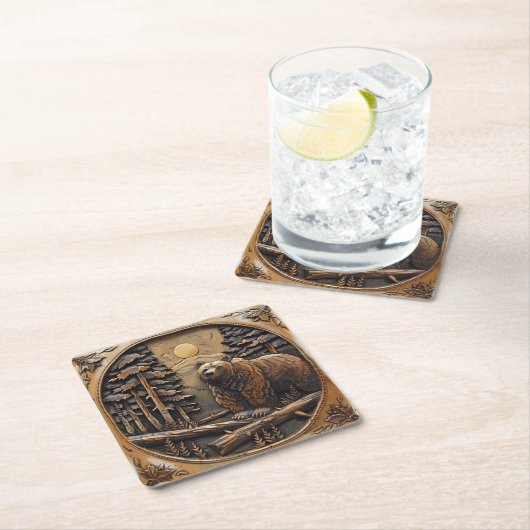 Carved Wood Bear Full Moon Pine Tree Forest Rechteckiger Pappuntersetzer (Vor Ort)