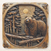Carved Wood Bear Full Moon Pine Tree Forest Rechteckiger Pappuntersetzer (Vorderseite)