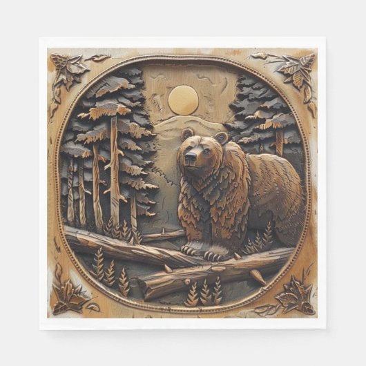 Carved Wood Bear Full Moon Pine Tree Forest Serviette (Vorderseite)