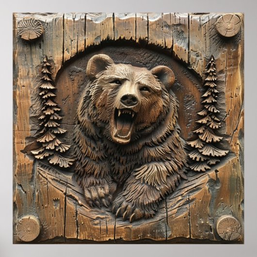 Carved Wood Growling Grizzly Bär Poster (Vorne)