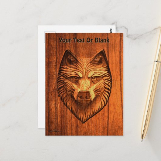 Carved Wood Wolf Postkarte (Vorderseite/Rückseite Beispiel)