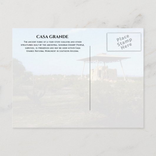 Casa Grande, das Grand House, Nationaldenkmal AZ Postkarte (Rückseite)