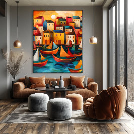 Casas y Barcos: Paisaje Folk y Naive Colorido Poster