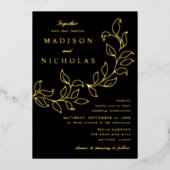 Cascading Blätter Wedding Black and Gold Folieneinladung (Vorderseite)
