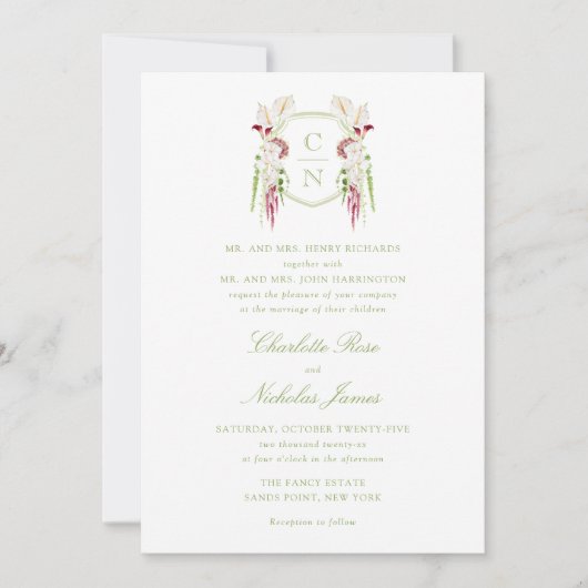 Cascading Floral Monogram Crest Wedding Einladung (Vorderseite)